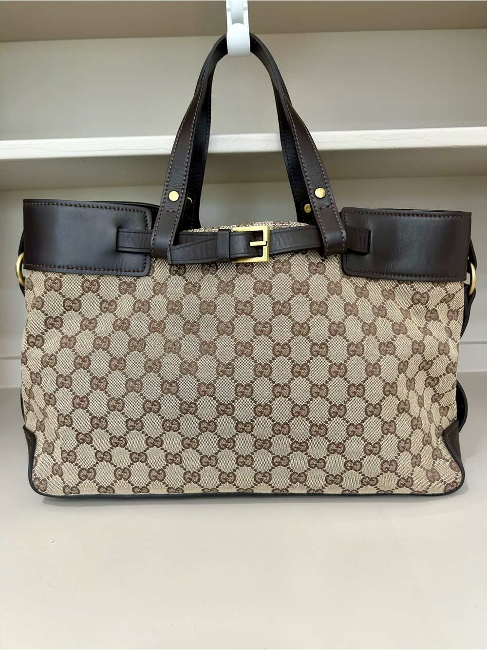 Authentic Gucci GG Canvas Belted Buckle Tote Brown Leather Large Handbag Bag